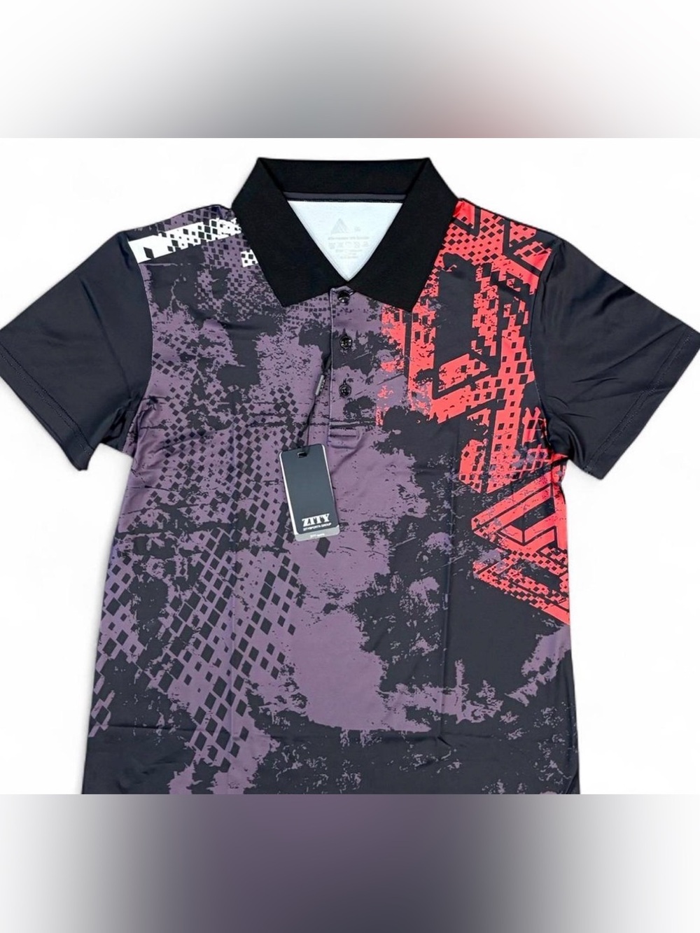 Women’s Ziti Black Golf Polo with Purple and Red Graphic - Picture 5 of 5